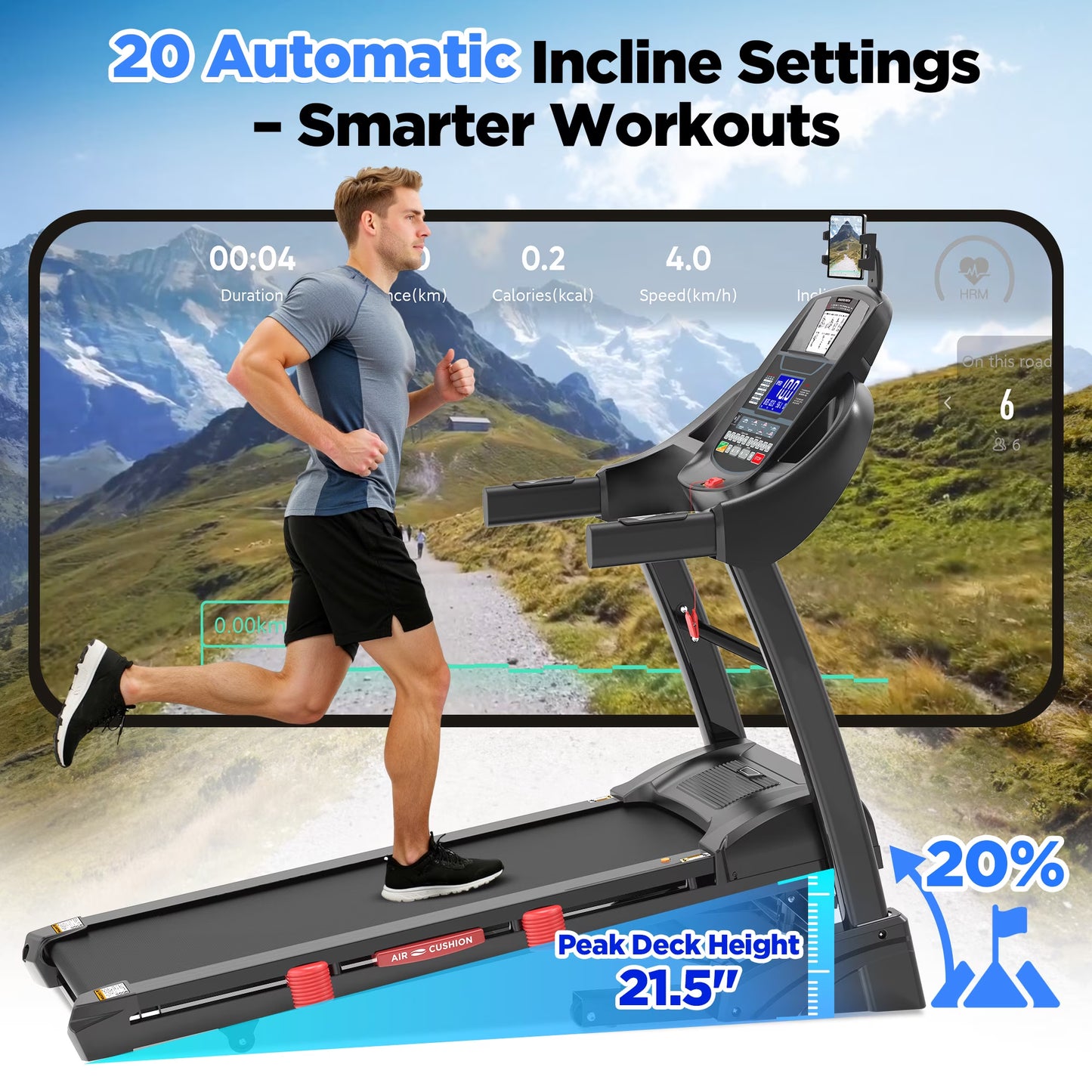 4.5HP Folding Treadmill for Home with 15 Auto Incline, Smart APP, 300Lbs, Hifi Bluetooth Speakers, 64 Programs, 10MPH Speed, Foldable Eletreadmill Running Machine, Knee Strap Gift