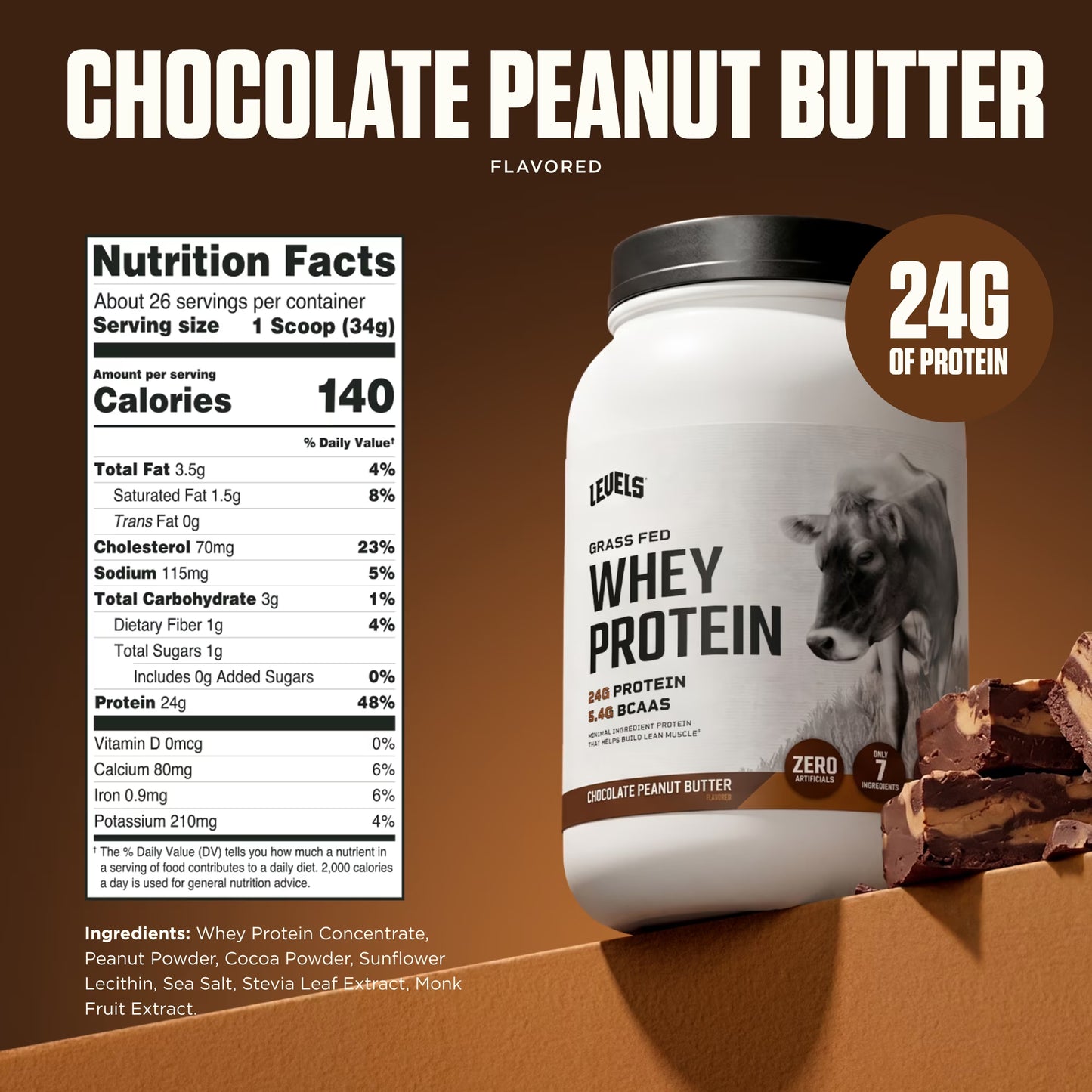 Grass Fed Whey Protein Powder, No Artificials, 24G of Protein, Chocolate Peanut Butter, 2LB