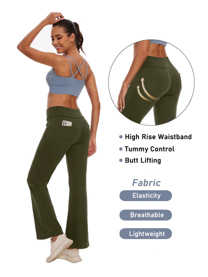 Womens Yoga Pants Flare Legging with Pockets Bootcut High Waist Lightweight Bottoms Workout Activewear Green XL
