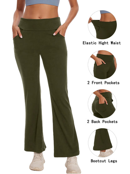 Womens Yoga Pants Flare Legging with Pockets Bootcut High Waist Lightweight Bottoms Workout Activewear Green XL