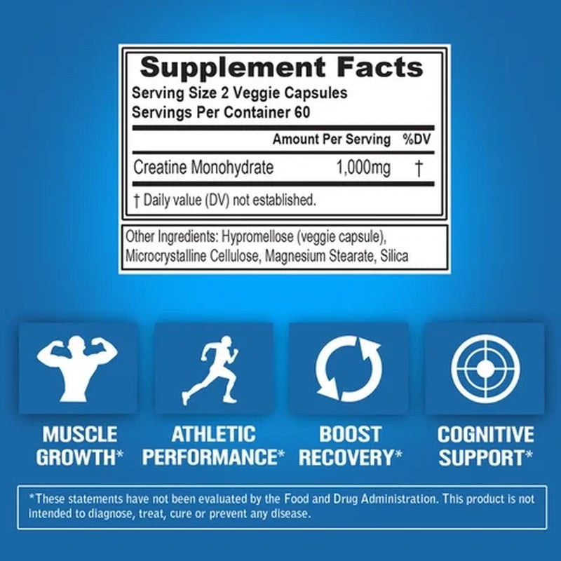 Creatine Monohydrate Pills 120Ct - EVL Nutrition Muscle Builder & Recovery Supplement - Creatine Capsules 1000Mg