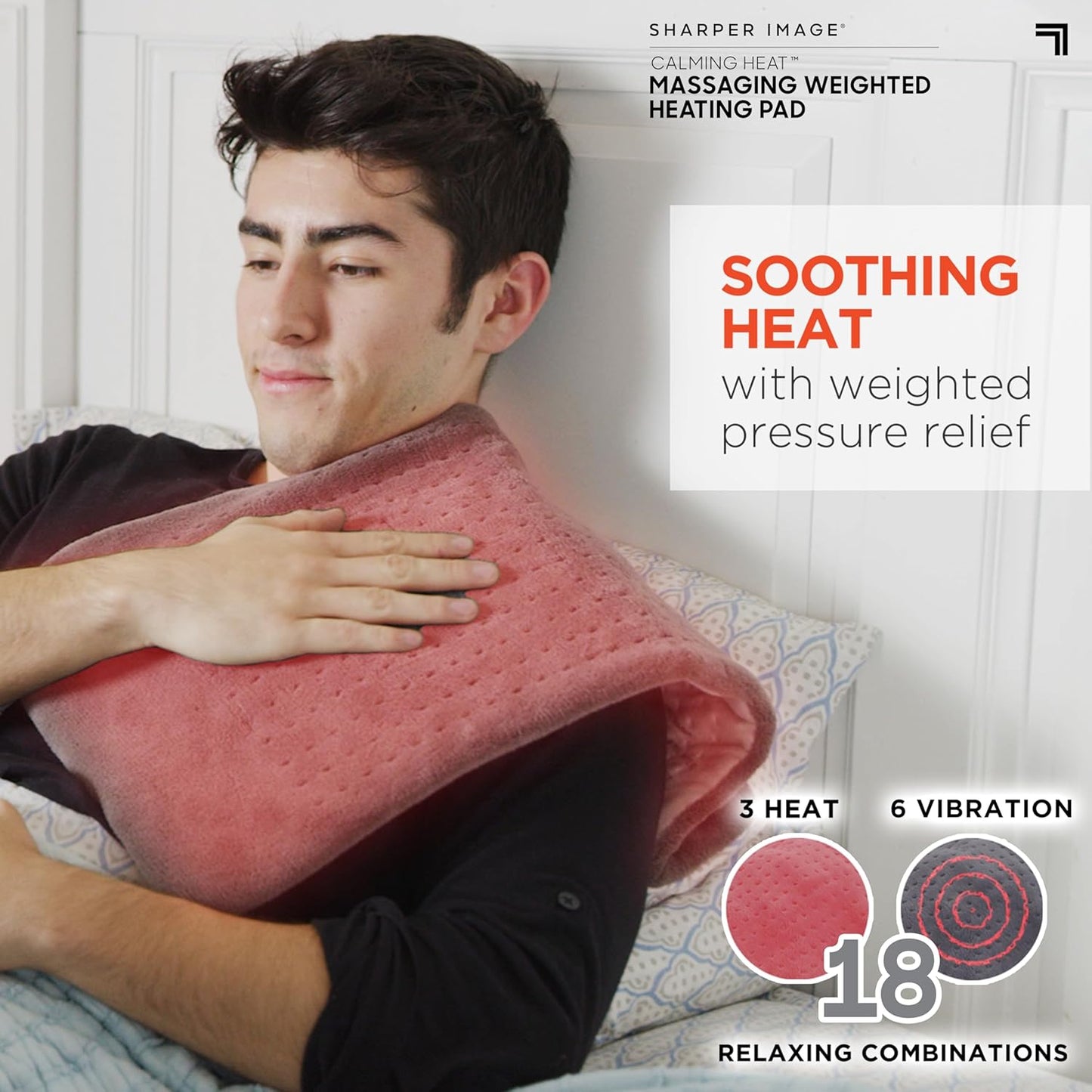 Calming Heat Massaging Vibrations Weighted Heating Pad by Sharper Image | Temperature Settings, Auto Shut-Off Feature, Gift for Holidays, Women & Men | 3 Heat, 6 Massage, 12” X 24”, 4 Lbs
