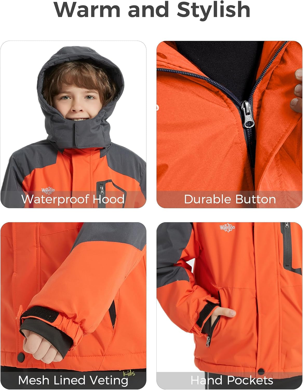 Boy'S Waterproof Ski Jacket Fleece Snowboarding Jackets Warm Thick Winter Coat Hooded Raincoats