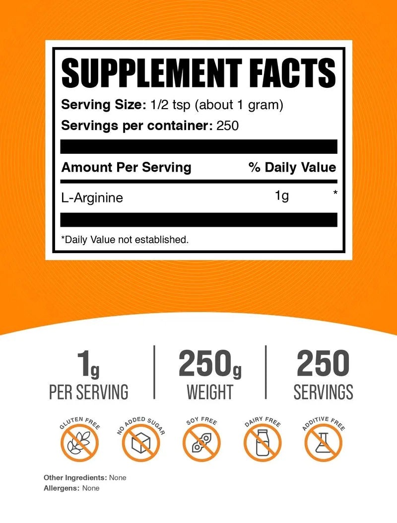 Bulksupplements L-Arginine Powder - Arginine Supplement - Unflavored, 250G (8.8)