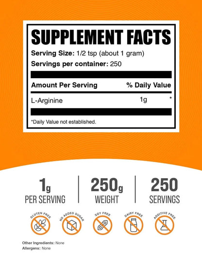 Bulksupplements L-Arginine Powder - Arginine Supplement - Unflavored, 250G (8.8)