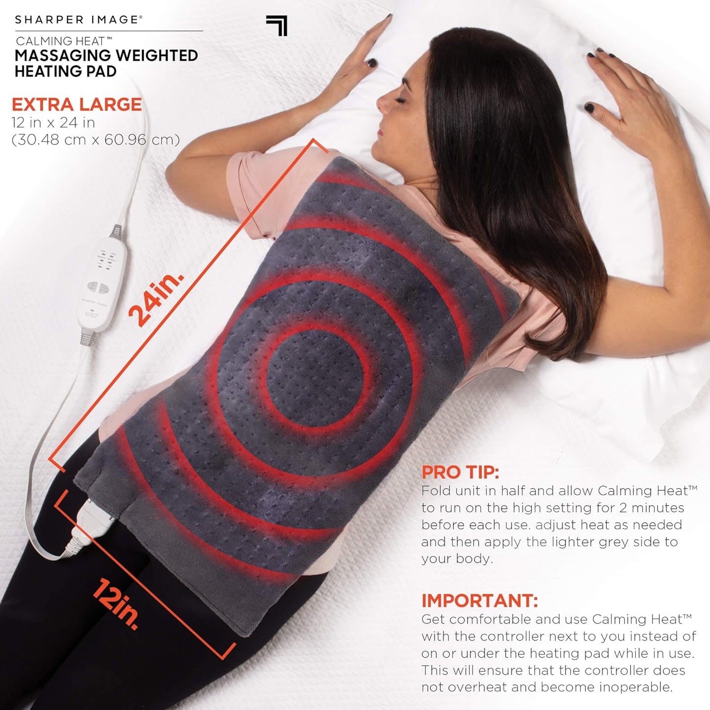 Calming Heat Massaging Vibrations Weighted Heating Pad by Sharper Image | Temperature Settings, Auto Shut-Off Feature, Gift for Holidays, Women & Men | 3 Heat, 6 Massage, 12” X 24”, 4 Lbs