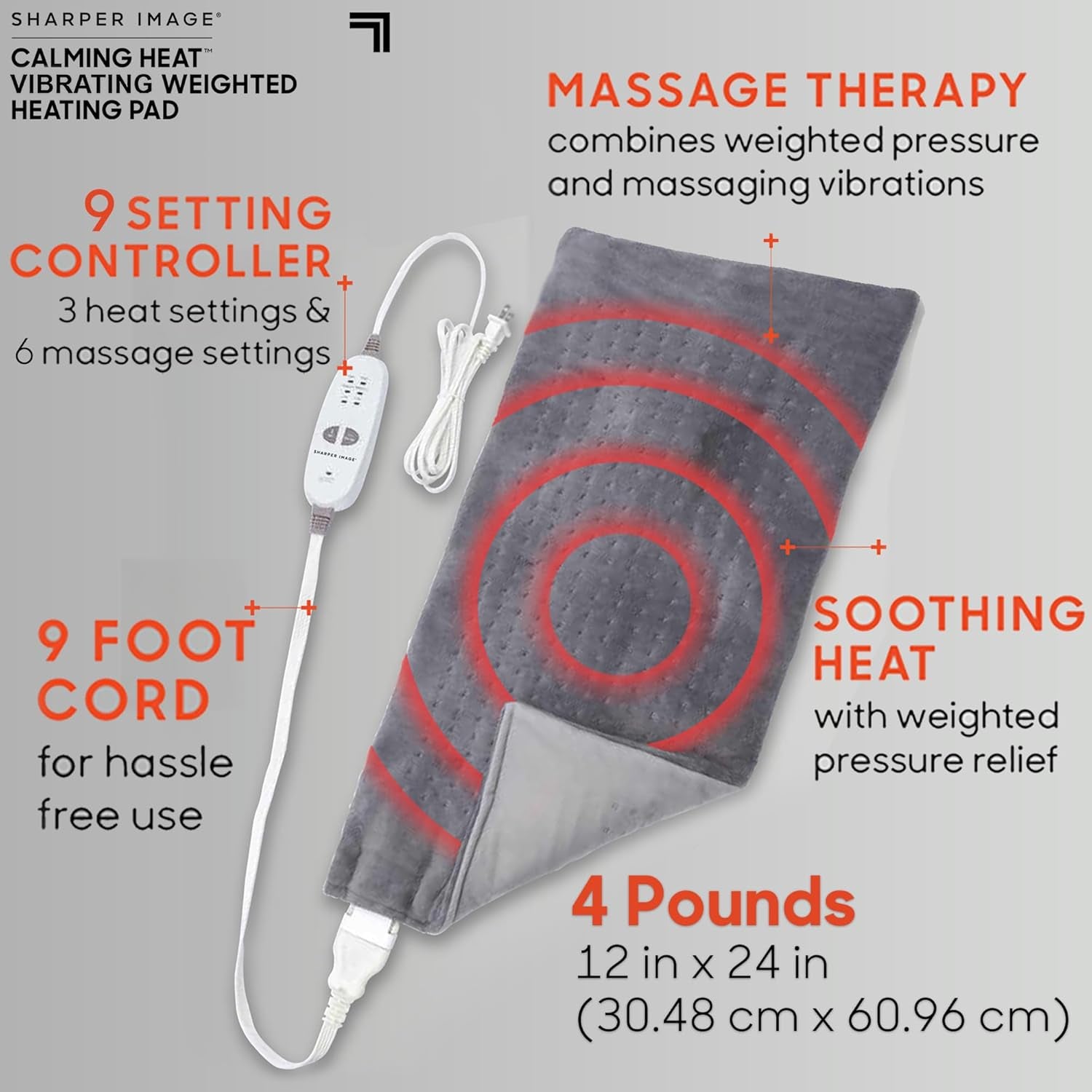 Calming Heat Massaging Vibrations Weighted Heating Pad by Sharper Image | Temperature Settings, Auto Shut-Off Feature, Gift for Holidays, Women & Men | 3 Heat, 6 Massage, 12” X 24”, 4 Lbs