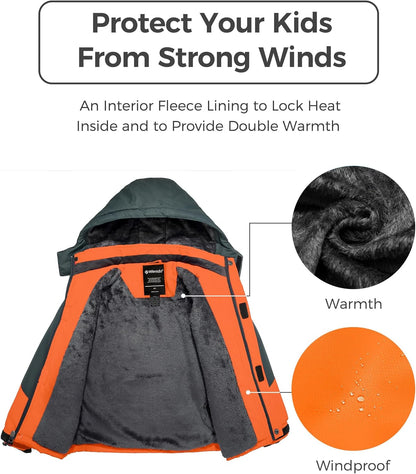 Boy'S Waterproof Ski Jacket Fleece Snowboarding Jackets Warm Thick Winter Coat Hooded Raincoats