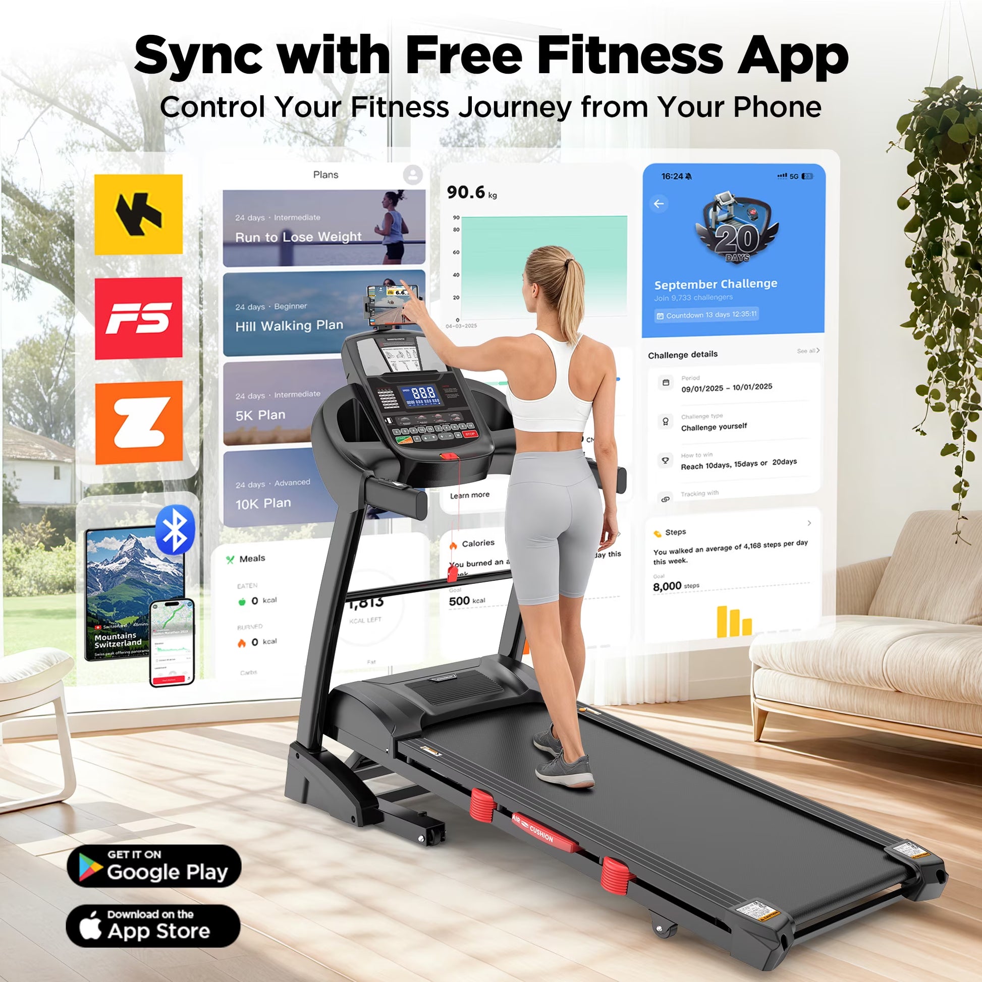 4.5HP Folding Treadmill for Home with 15 Auto Incline, Smart APP, 300Lbs, Hifi Bluetooth Speakers, 64 Programs, 10MPH Speed, Foldable Eletreadmill Running Machine, Knee Strap Gift