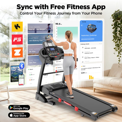 4.5HP Folding Treadmill for Home with 15 Auto Incline, Smart APP, 300Lbs, Hifi Bluetooth Speakers, 64 Programs, 10MPH Speed, Foldable Eletreadmill Running Machine, Knee Strap Gift