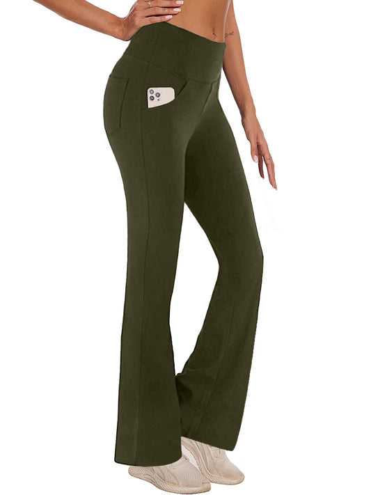 Womens Yoga Pants Flare Legging with Pockets Bootcut High Waist Lightweight Bottoms Workout Activewear Green XL