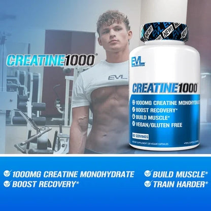 Creatine Monohydrate Pills 120Ct - EVL Nutrition Muscle Builder & Recovery Supplement - Creatine Capsules 1000Mg